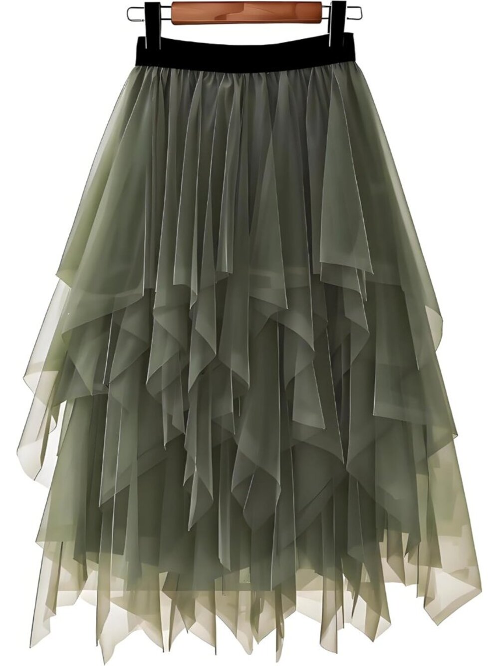 Womens Dark Green High Waist Layered Tulle Mesh Ruffle Asymmetric Hem Midi Skirt
